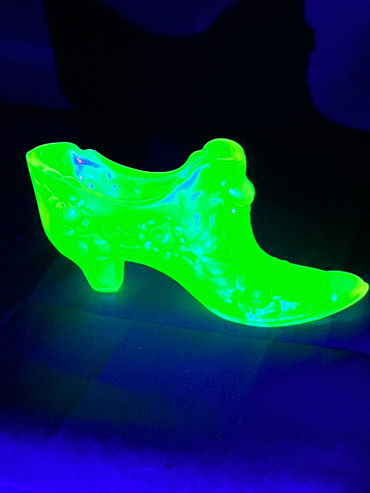 Uranium- 3” x 5 1/2” Fenton slipper -Boot - Glass art - signed and sticker - cabbage rose