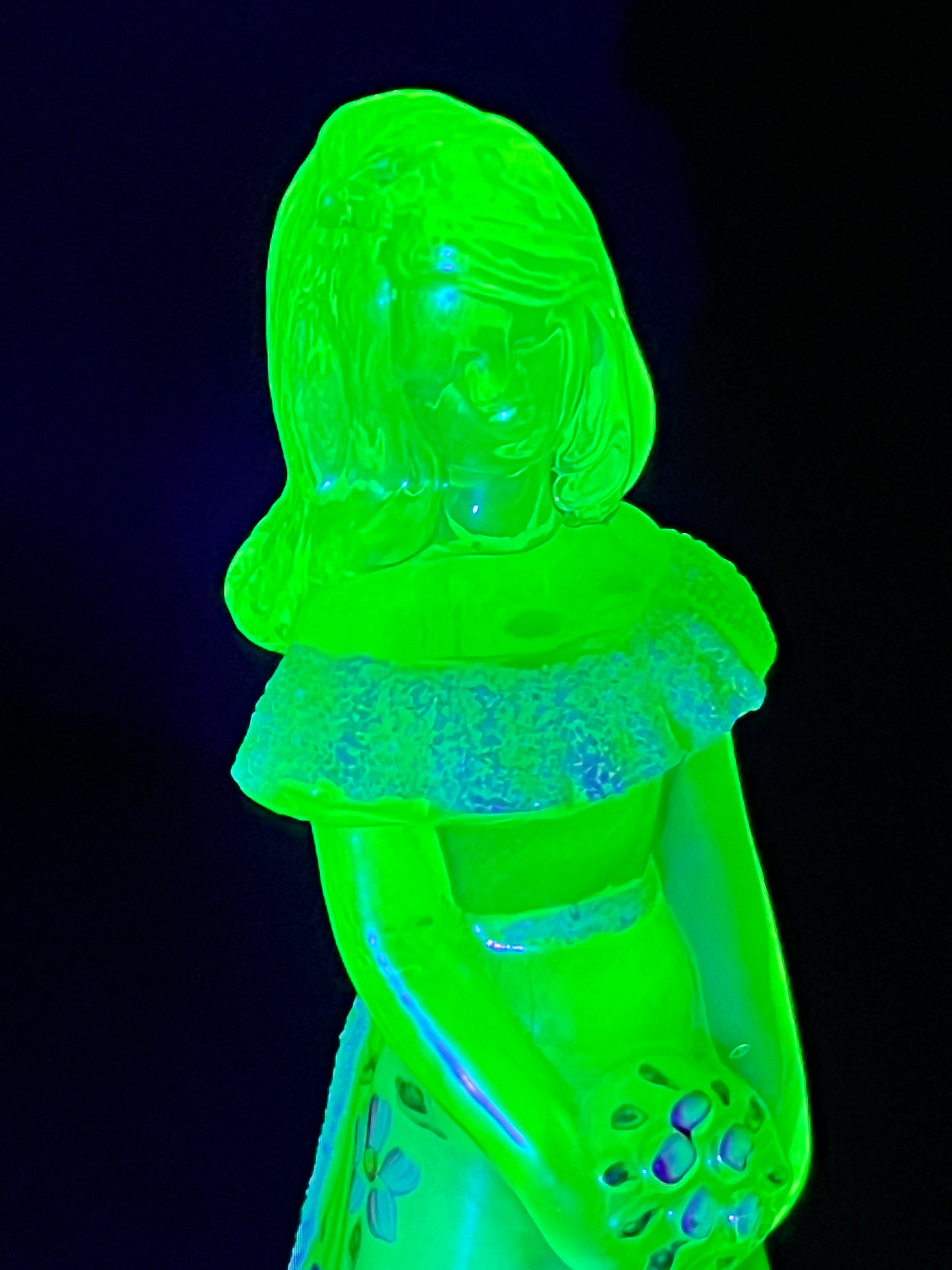 Uranium- 6 1/2” Girl with Flowers- Fenton - Iridescent Topaz Satin Glass - Hand Painted and Signed with sticker