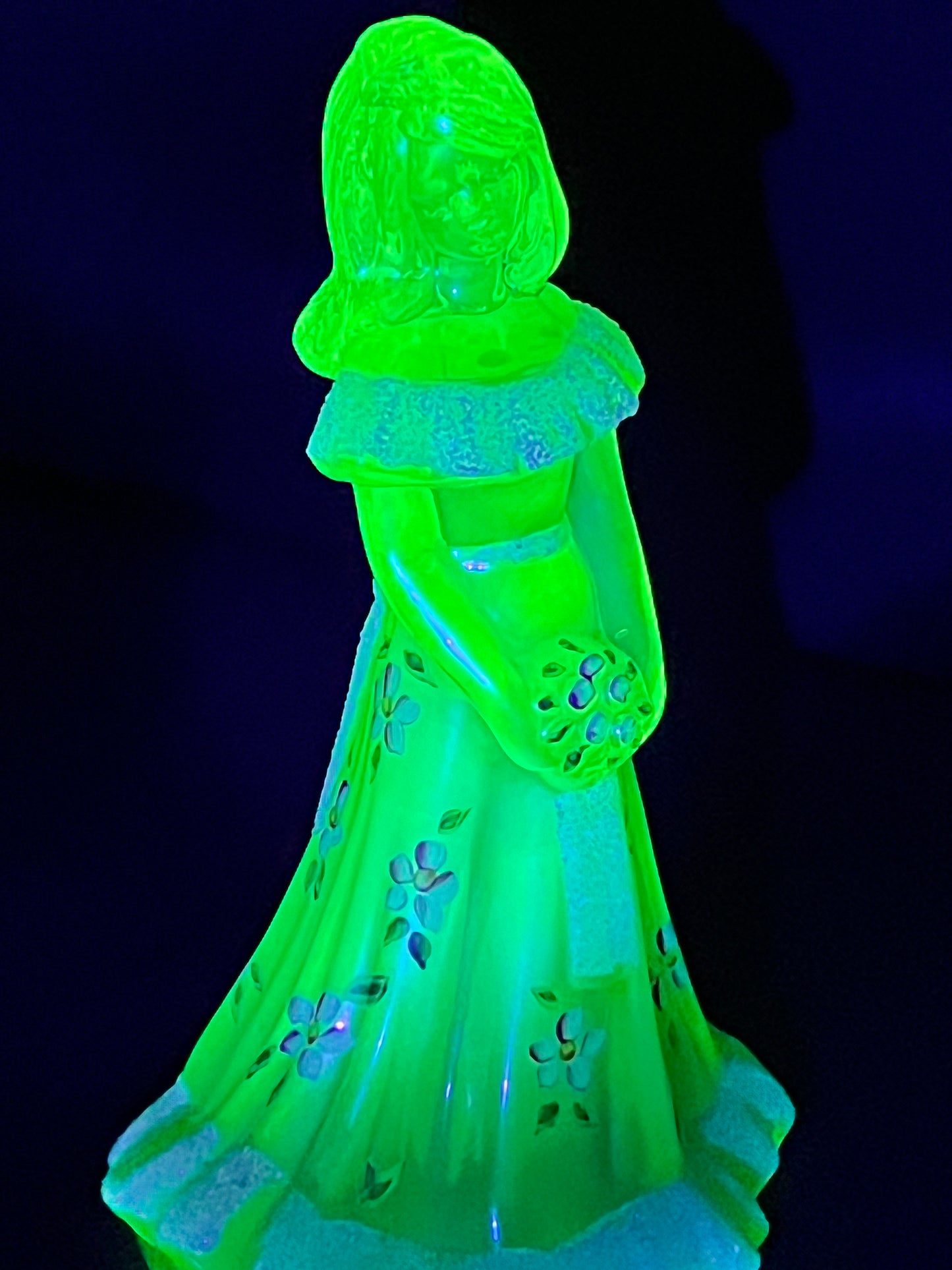 Uranium- 6 1/2” Girl with Flowers- Fenton - Iridescent Topaz Satin Glass - Hand Painted and Signed with sticker