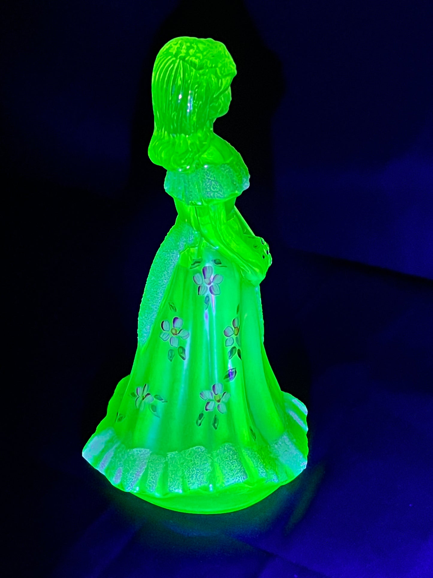 Uranium- 6 1/2” Girl with Flowers- Fenton - Iridescent Topaz Satin Glass - Hand Painted and Signed with sticker