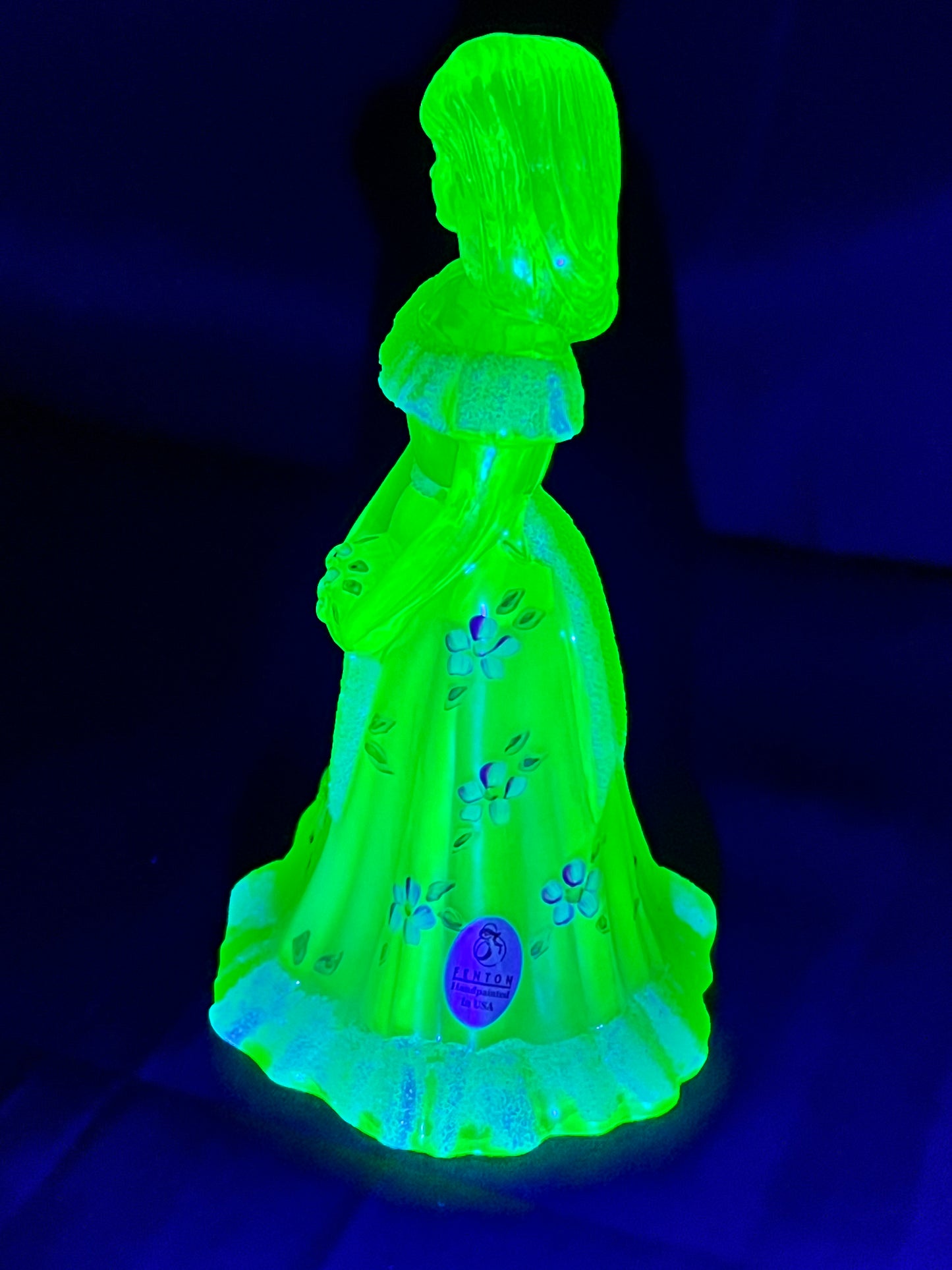 Uranium- 6 1/2” Girl with Flowers- Fenton - Iridescent Topaz Satin Glass - Hand Painted and Signed with sticker