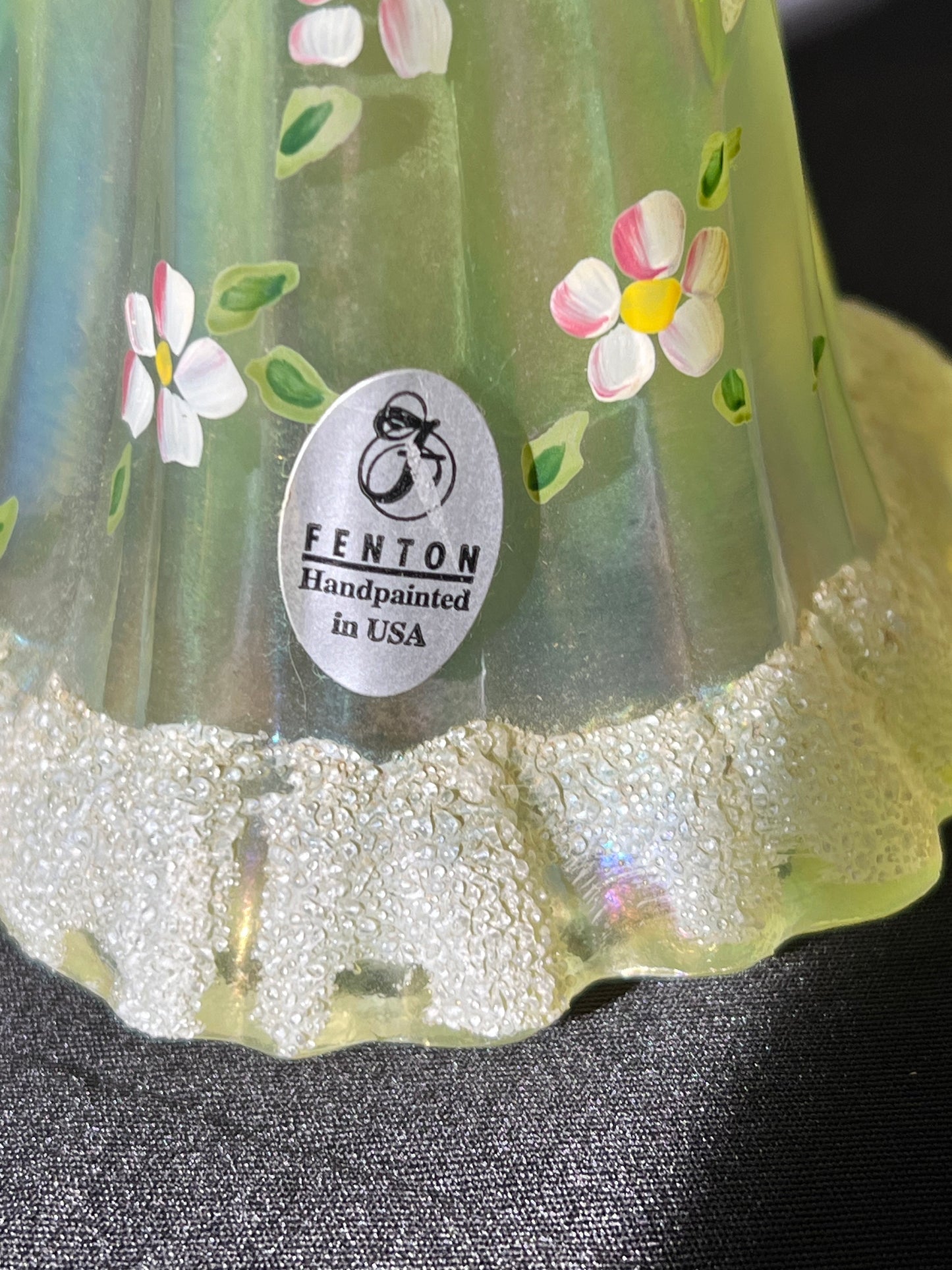 Uranium- 6 1/2” Girl with Flowers- Fenton - Iridescent Topaz Satin Glass - Hand Painted and Signed with sticker