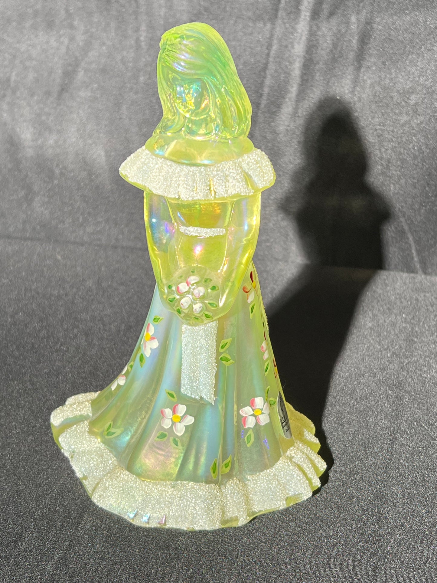 Uranium- 6 1/2” Girl with Flowers- Fenton - Iridescent Topaz Satin Glass - Hand Painted and Signed with sticker