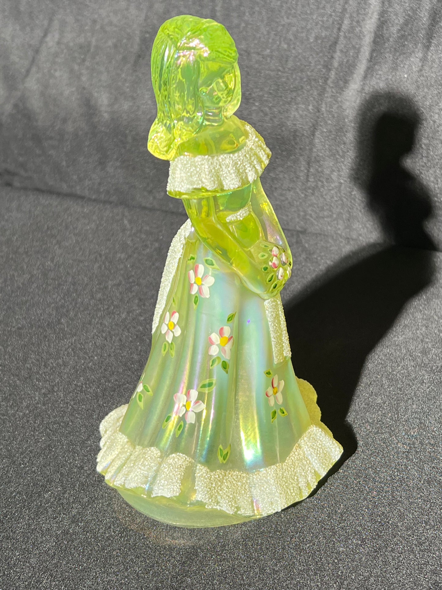 Uranium- 6 1/2” Girl with Flowers- Fenton - Iridescent Topaz Satin Glass - Hand Painted and Signed with sticker