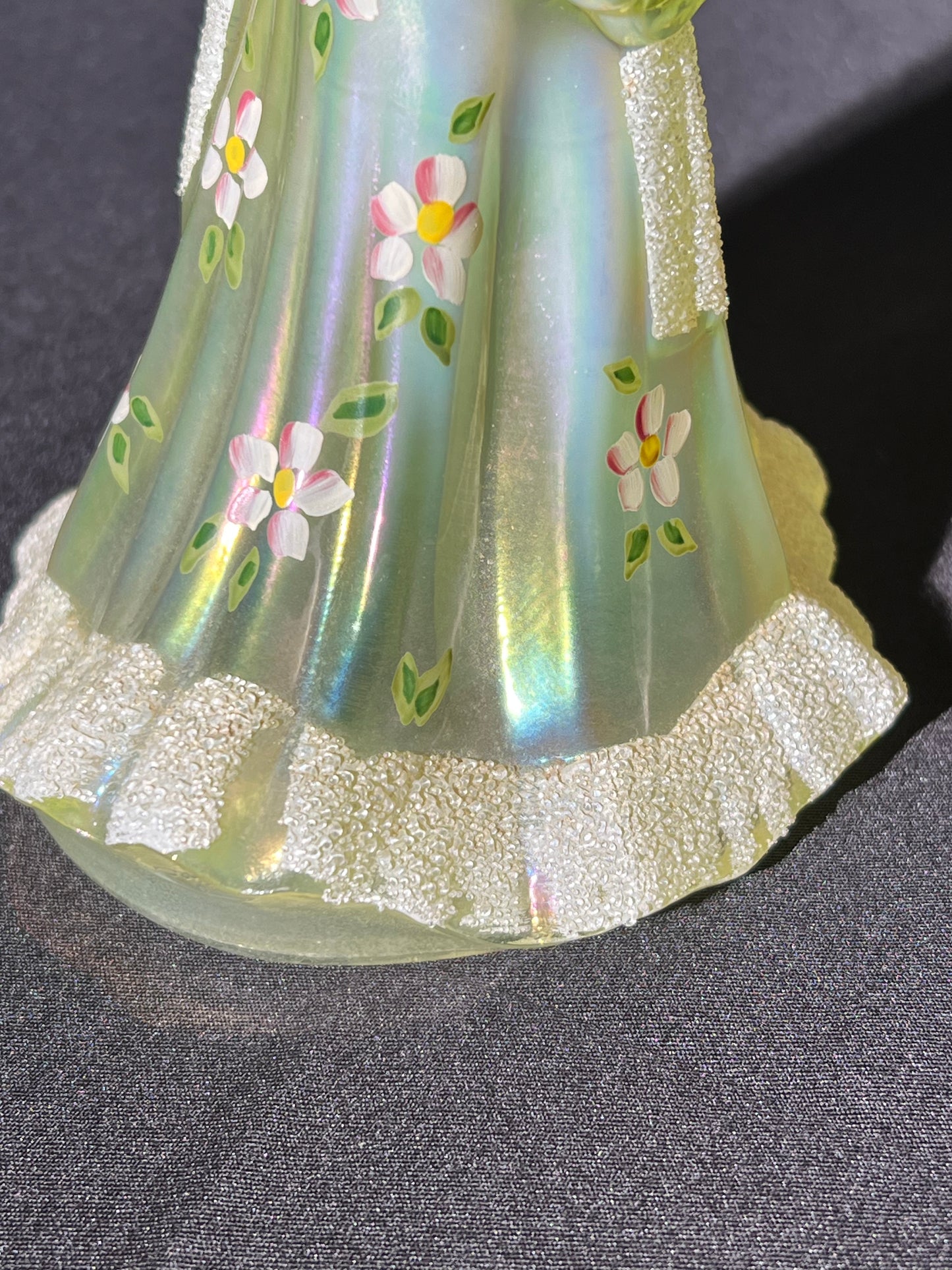 Uranium- 6 1/2” Girl with Flowers- Fenton - Iridescent Topaz Satin Glass - Hand Painted and Signed with sticker