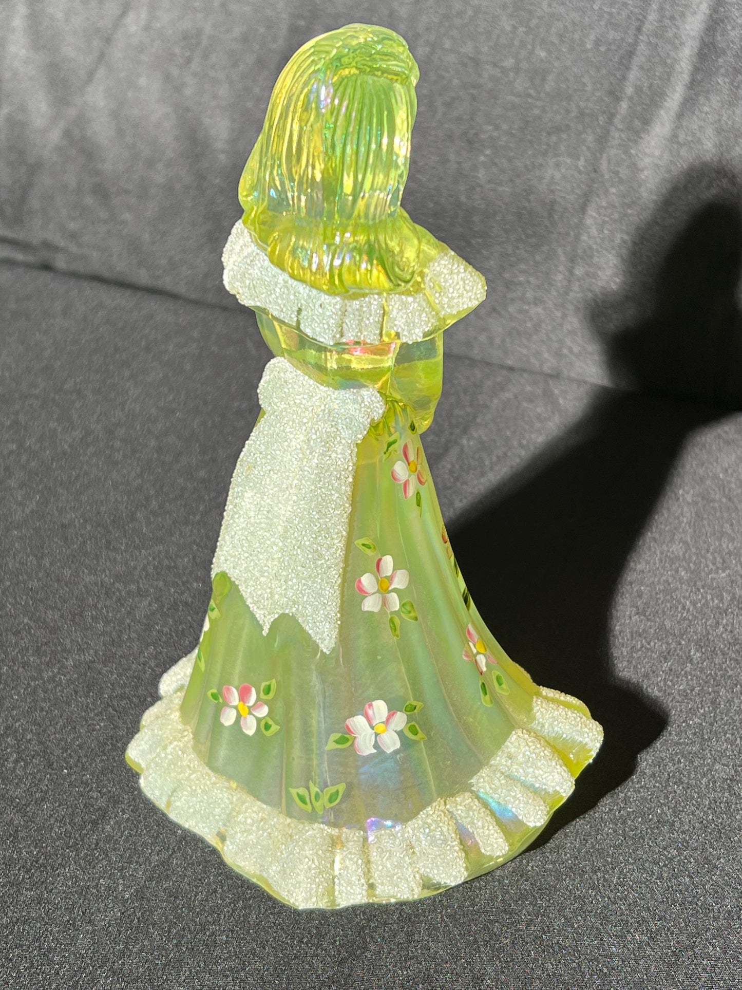 Uranium- 6 1/2” Girl with Flowers- Fenton - Iridescent Topaz Satin Glass - Hand Painted and Signed with sticker