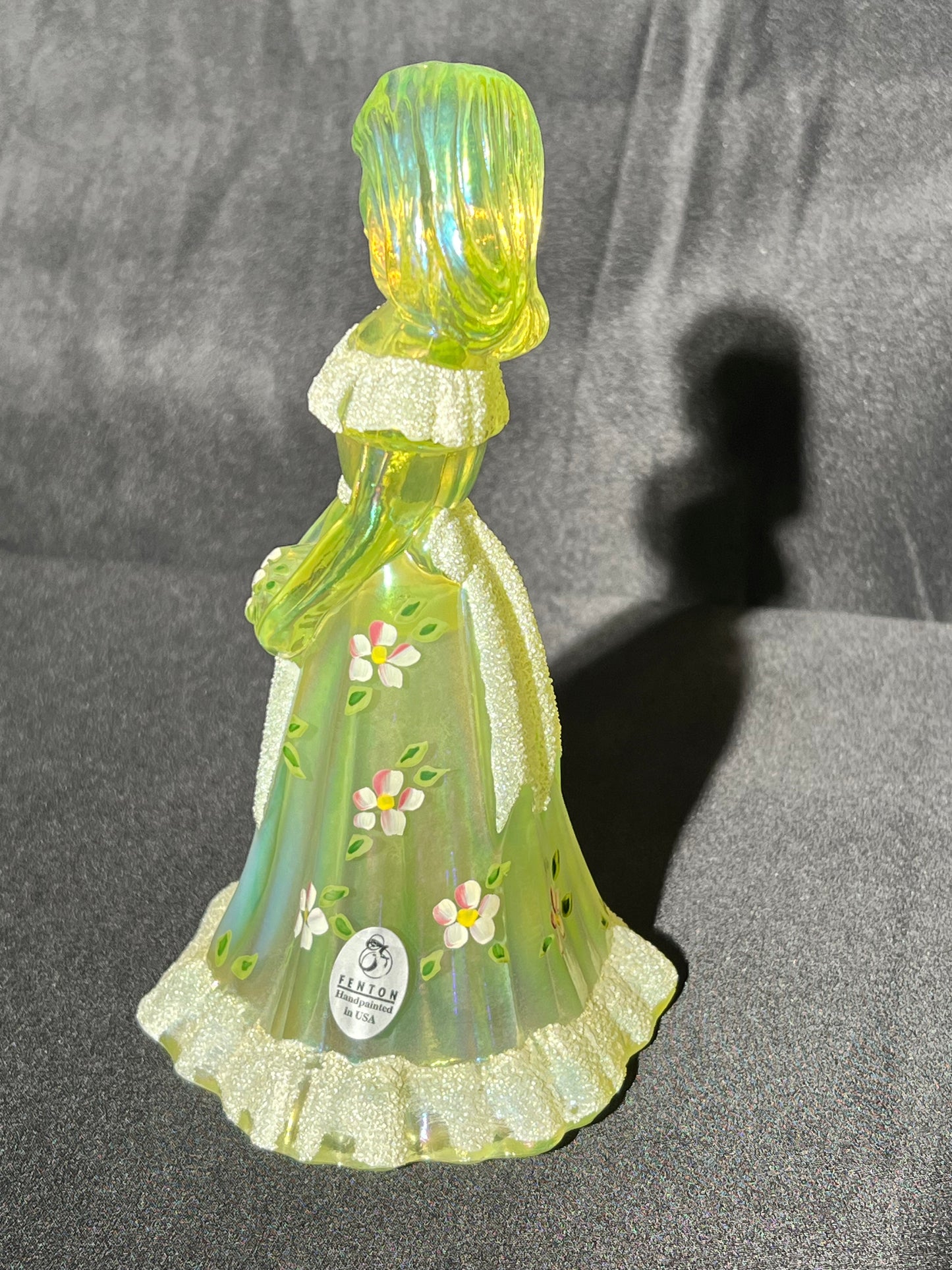 Uranium- 6 1/2” Girl with Flowers- Fenton - Iridescent Topaz Satin Glass - Hand Painted and Signed with sticker