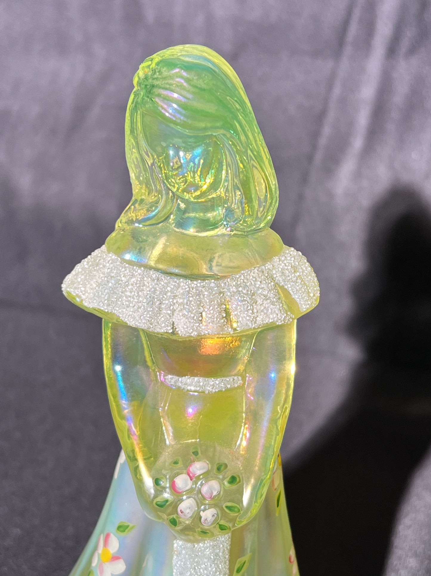 Uranium- 6 1/2” Girl with Flowers- Fenton - Iridescent Topaz Satin Glass - Hand Painted and Signed with sticker