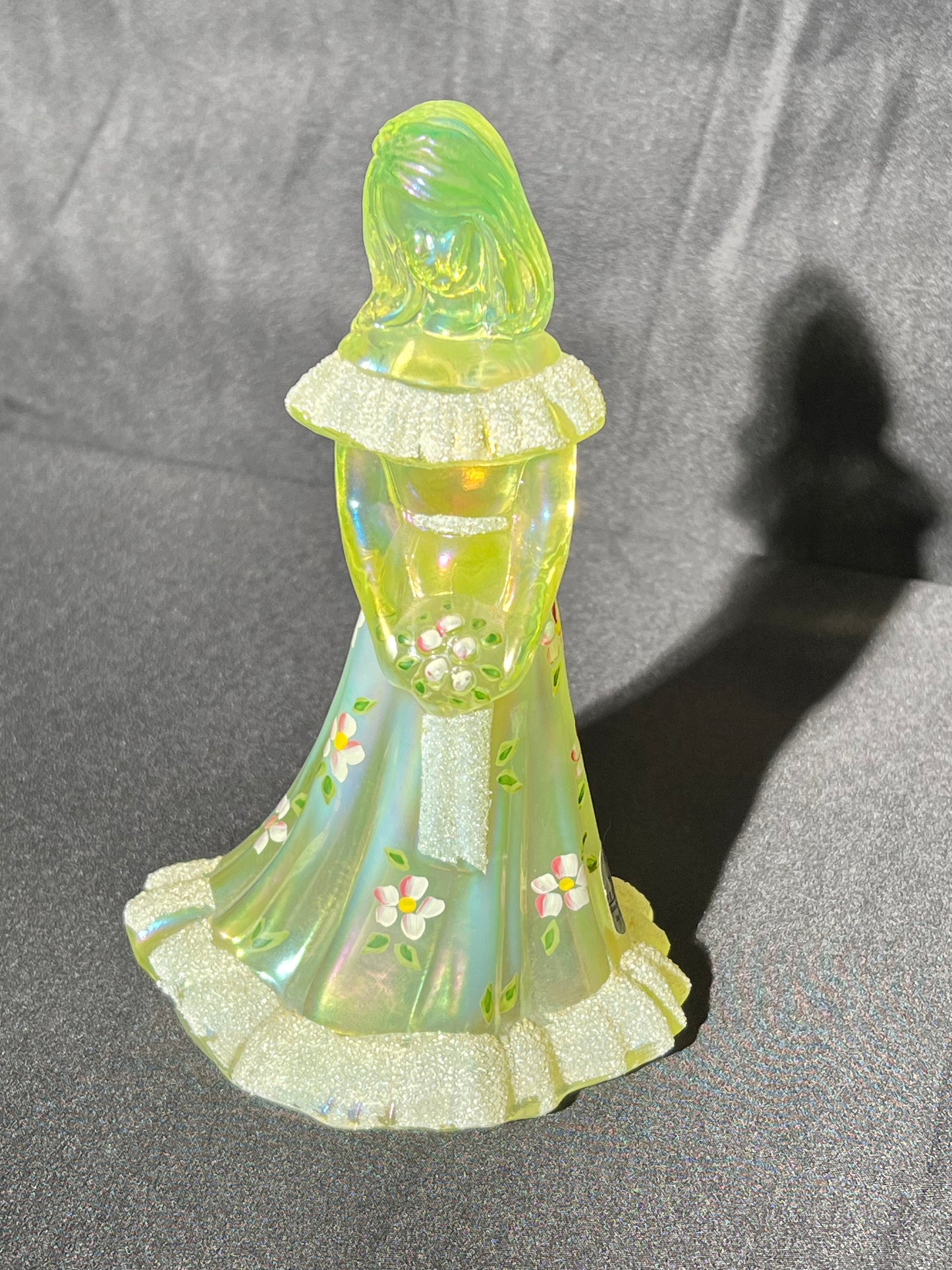 Uranium- 6 1/2” Girl with Flowers- Fenton - Iridescent Topaz Satin Glass - Hand Painted and Signed with sticker