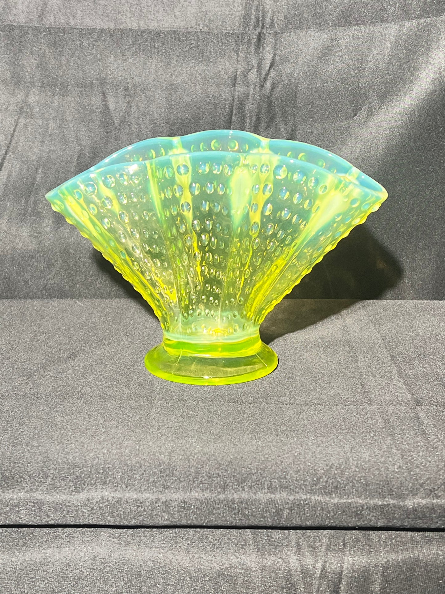 Uranium- 5 1/2” tall Fan Vase - med-century modern - Fenton- Hobnail