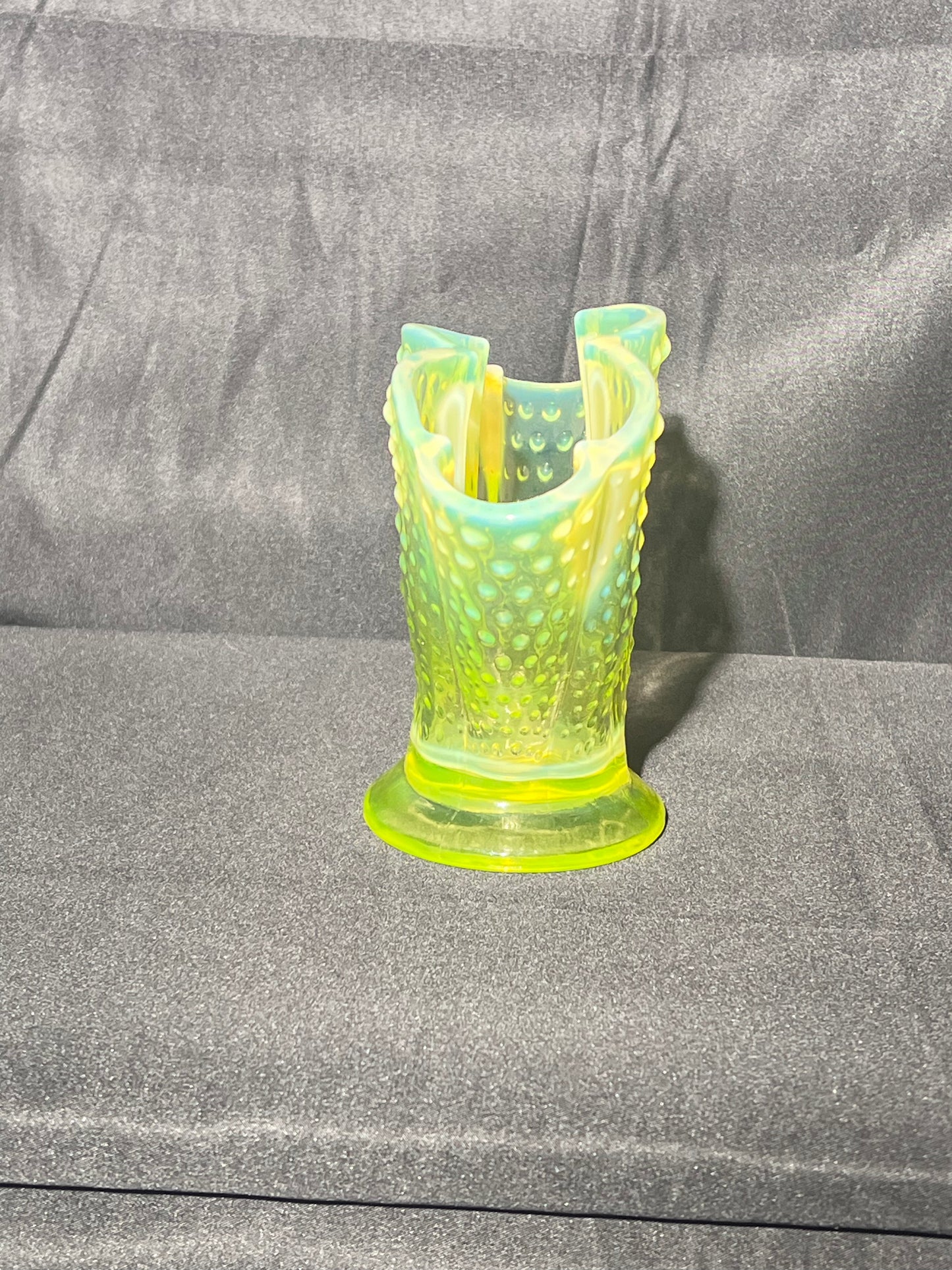 Uranium- 5 1/2” tall Fan Vase - med-century modern - Fenton- Hobnail