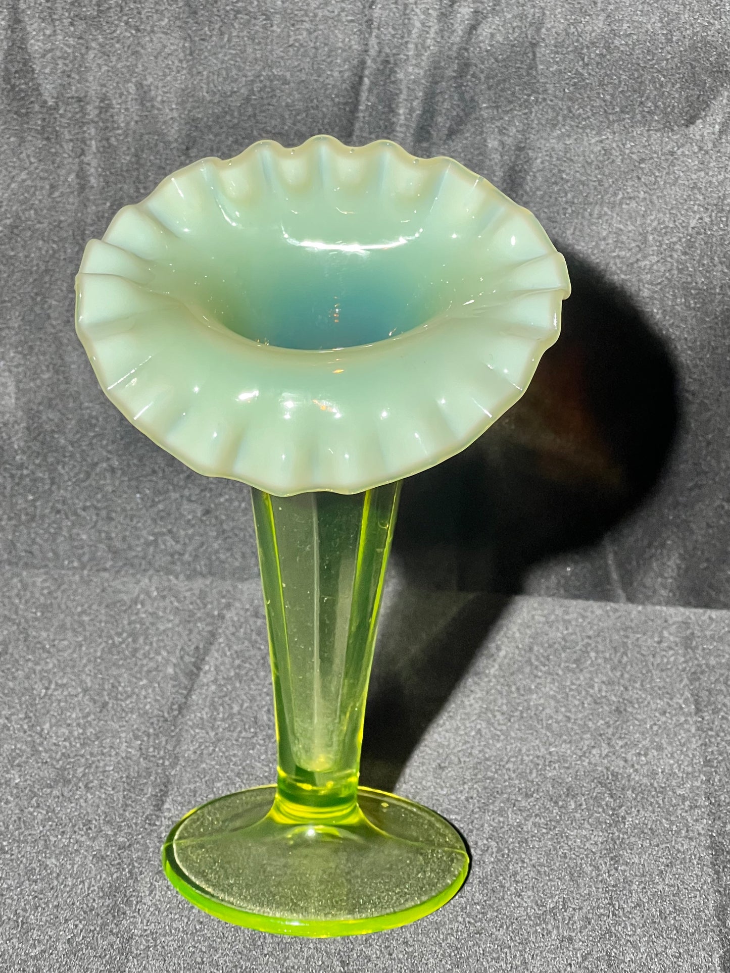 Uranium- 6 1/2” Raffled Vase - Fenton -Burtles Tate & Company-1890’s