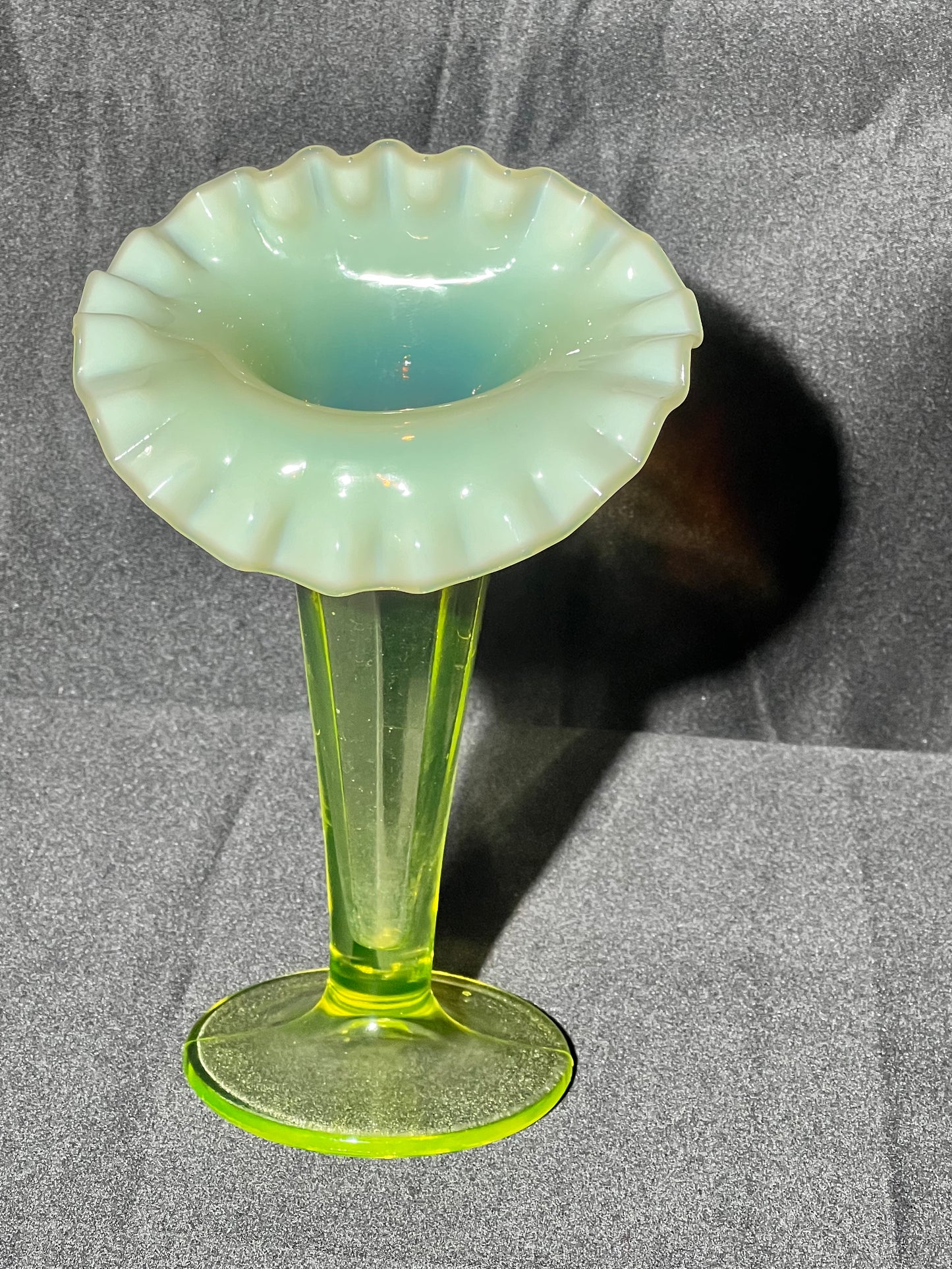 Uranium- 6 1/2” Raffled Vase - Fenton -Burtles Tate & Company-1890’s