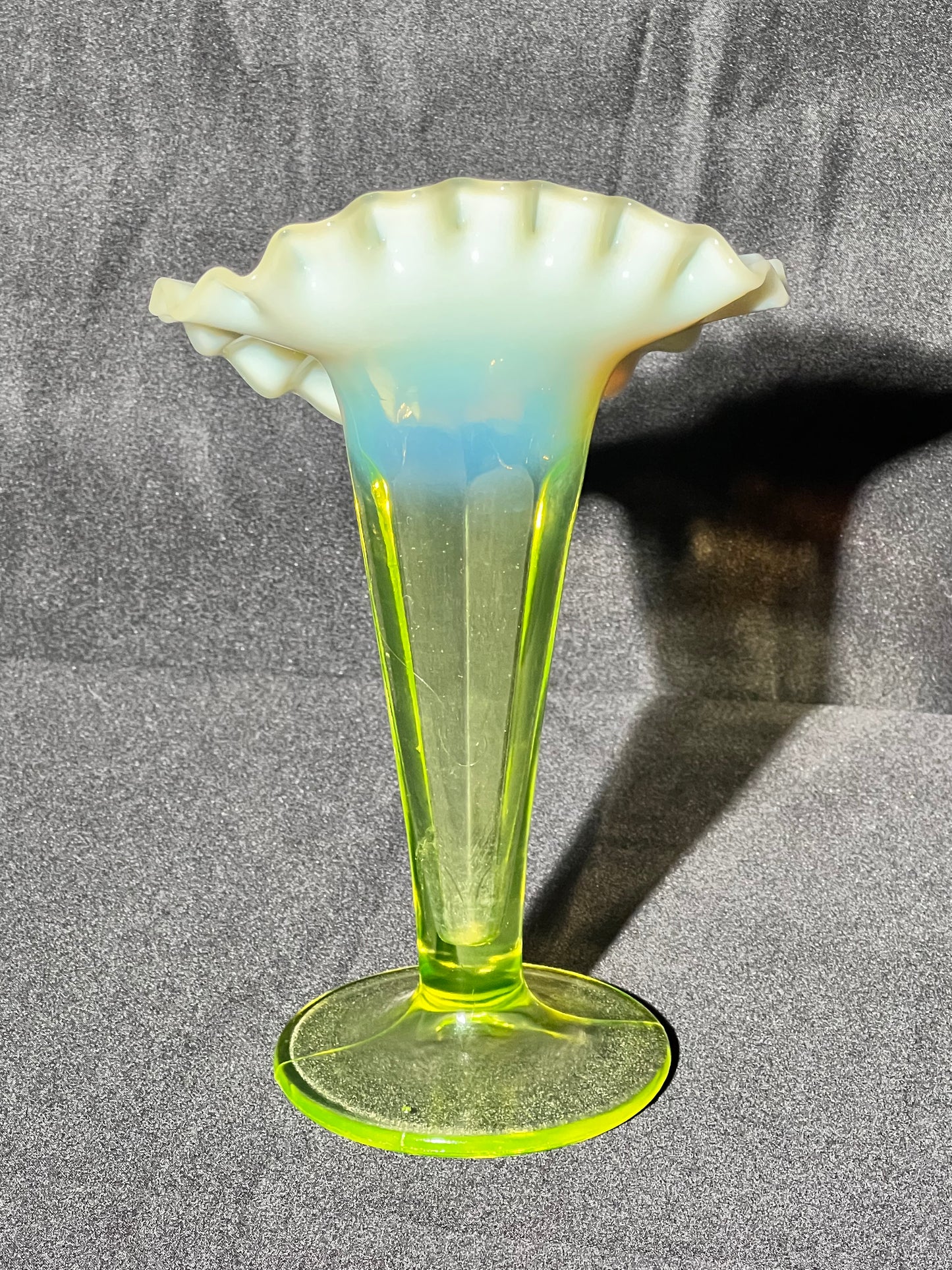 Uranium- 6 1/2” Raffled Vase - Fenton -Burtles Tate & Company-1890’s