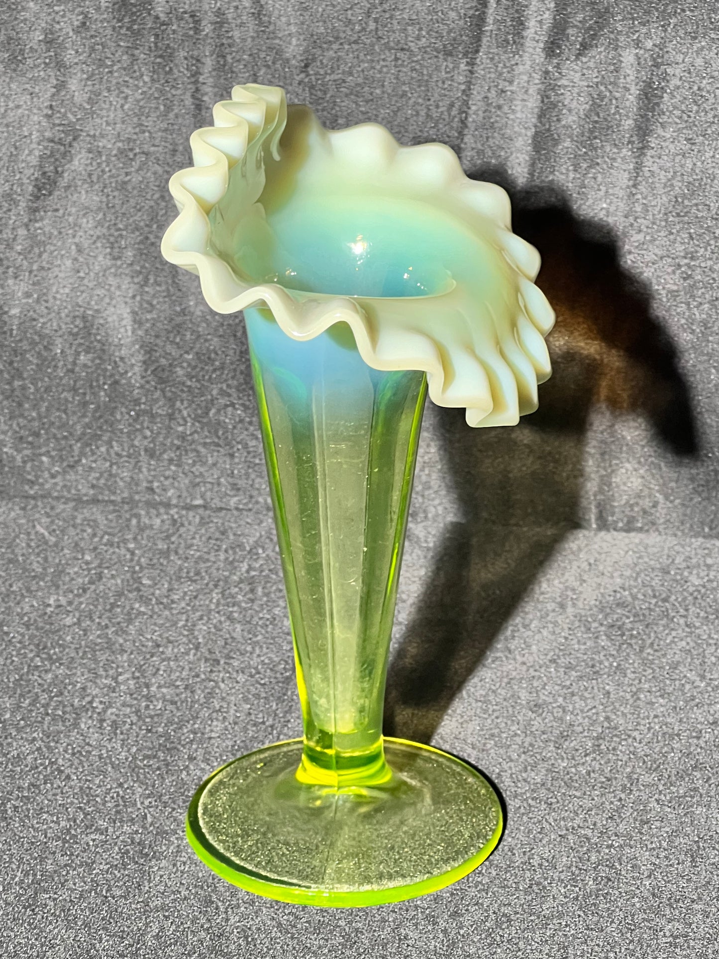 Uranium- 6 1/2” Raffled Vase - Fenton -Burtles Tate & Company-1890’s