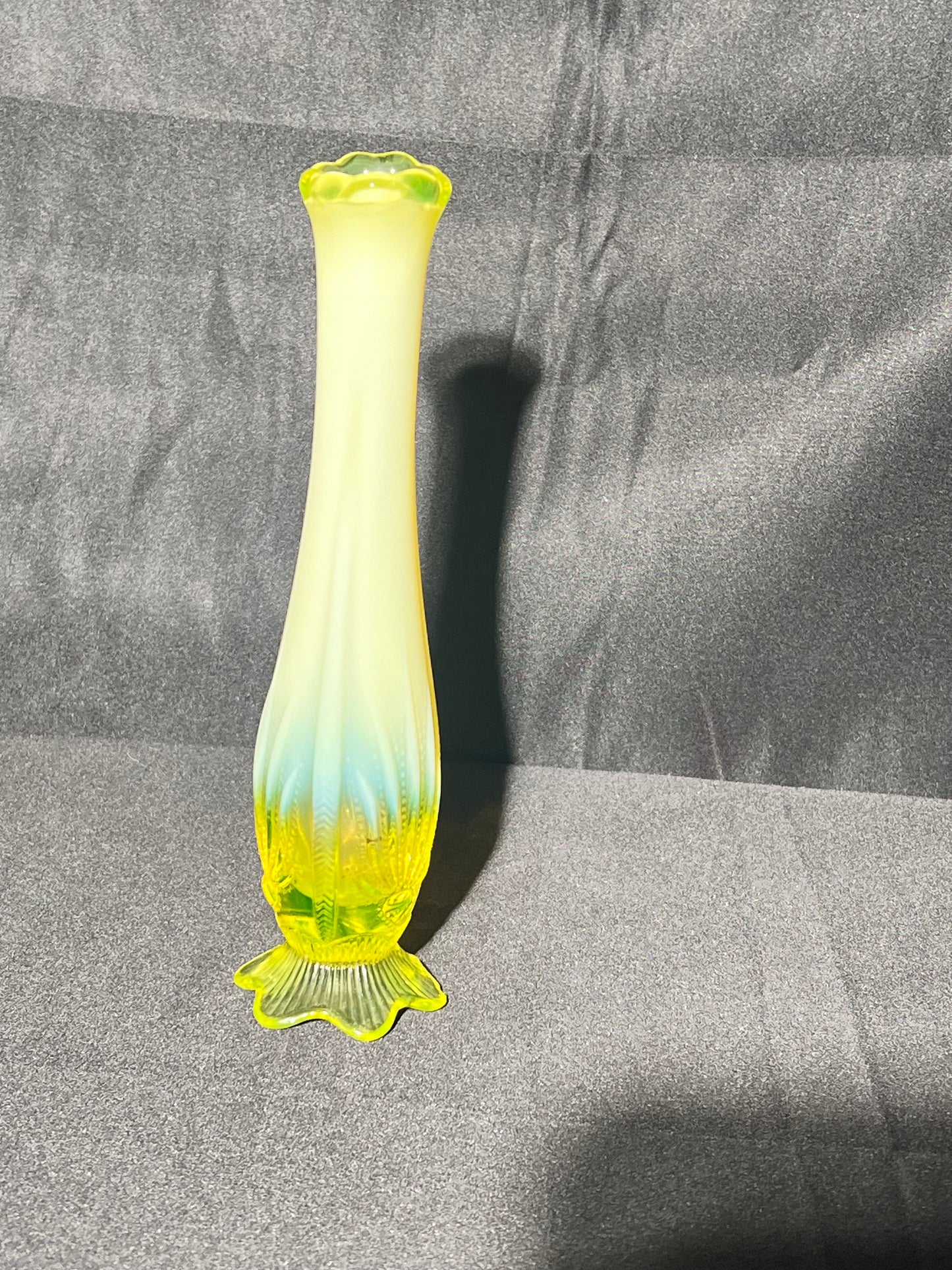 Uranium- 8 1/2” Flower Bud Footed Vase - Fenton- yellow opalescent