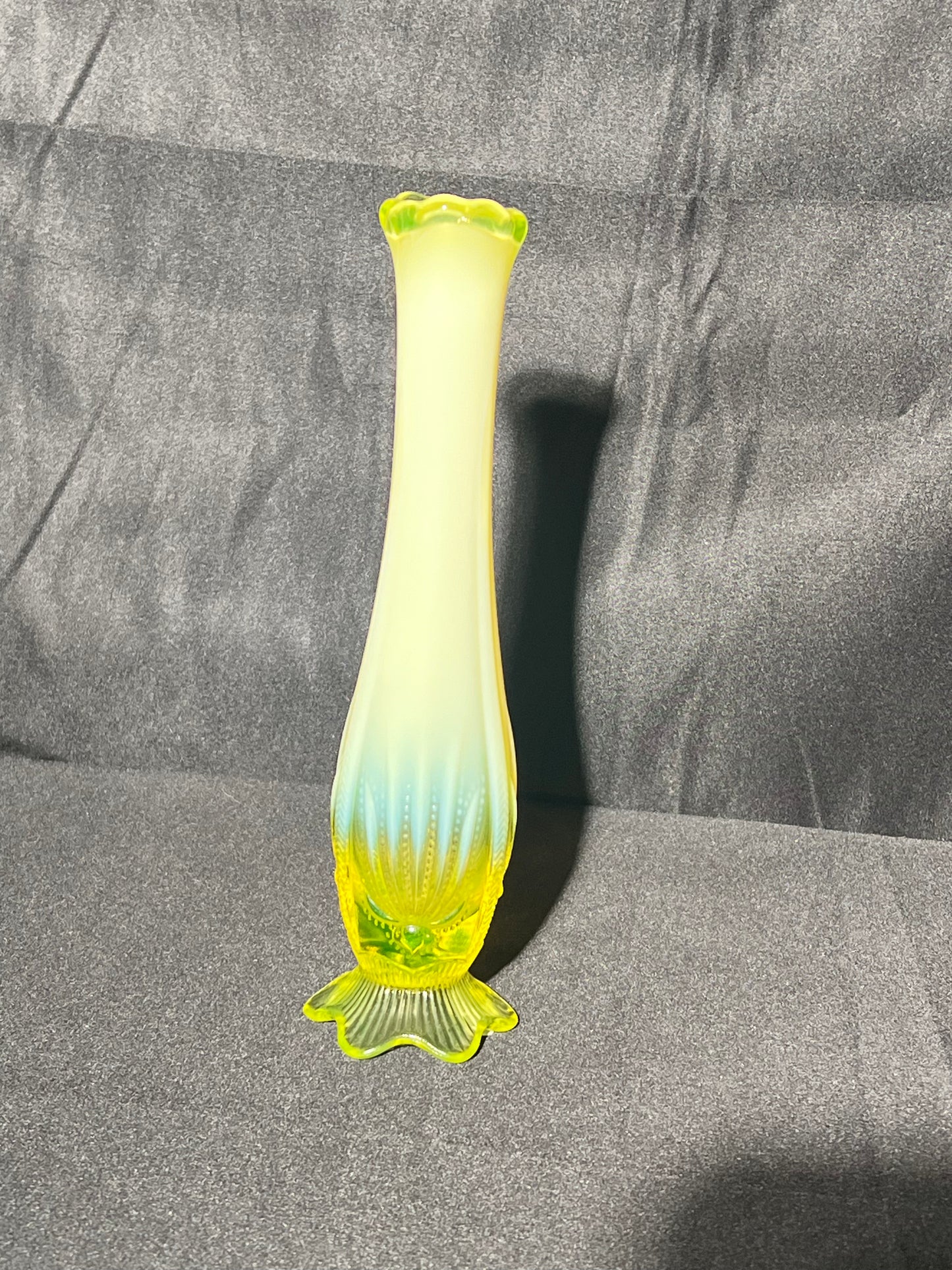 Uranium- 8 1/2” Flower Bud Footed Vase - Fenton- yellow opalescent