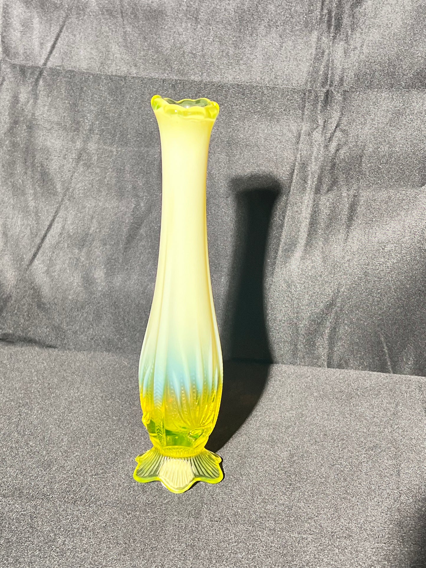 Uranium- 8 1/2” Flower Bud Footed Vase - Fenton- yellow opalescent