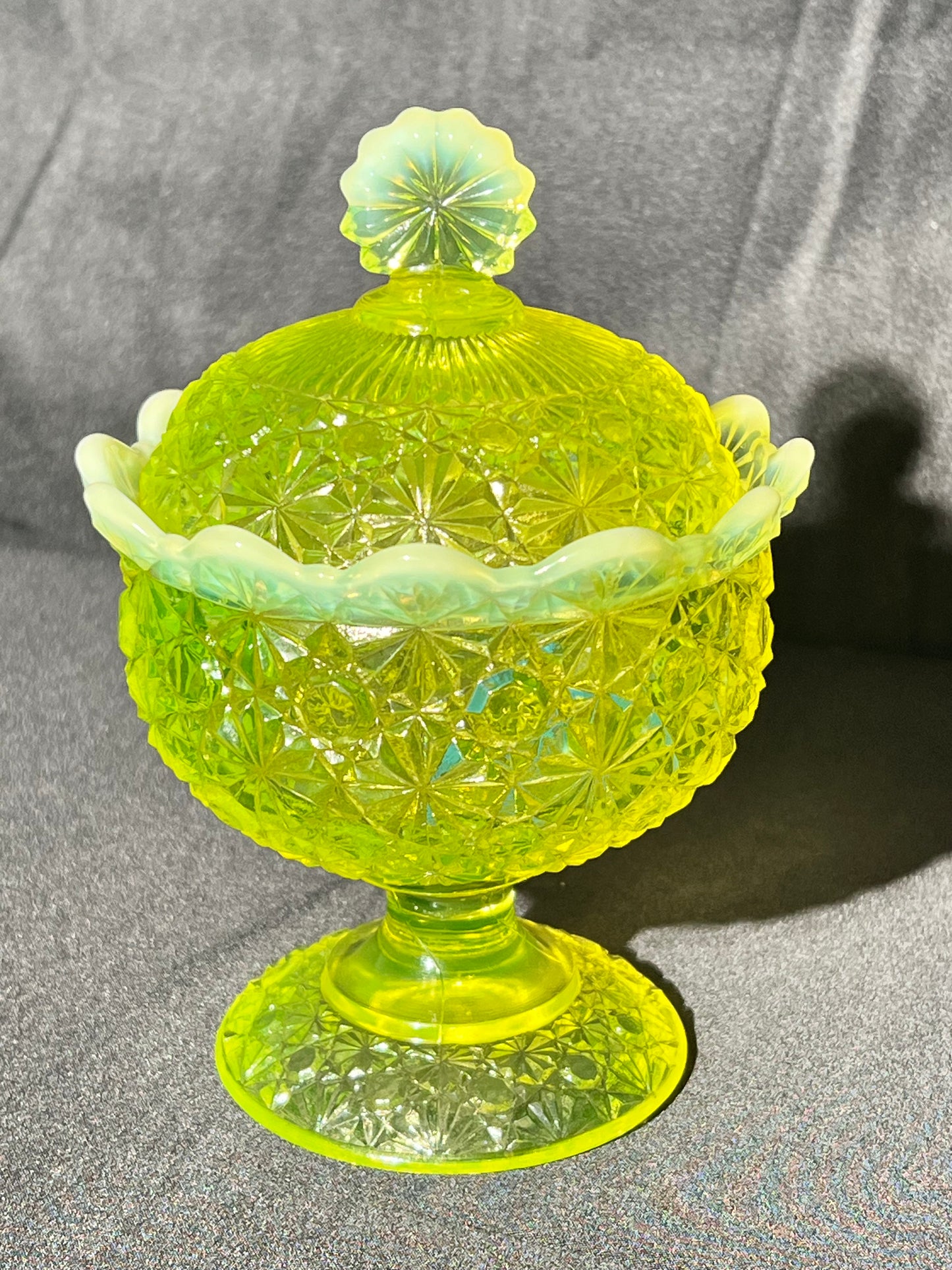 Uranium- 6 1/2” Lg Wright Compote with Lid - Daisy and Botton - Vaseline Glass- Fenton