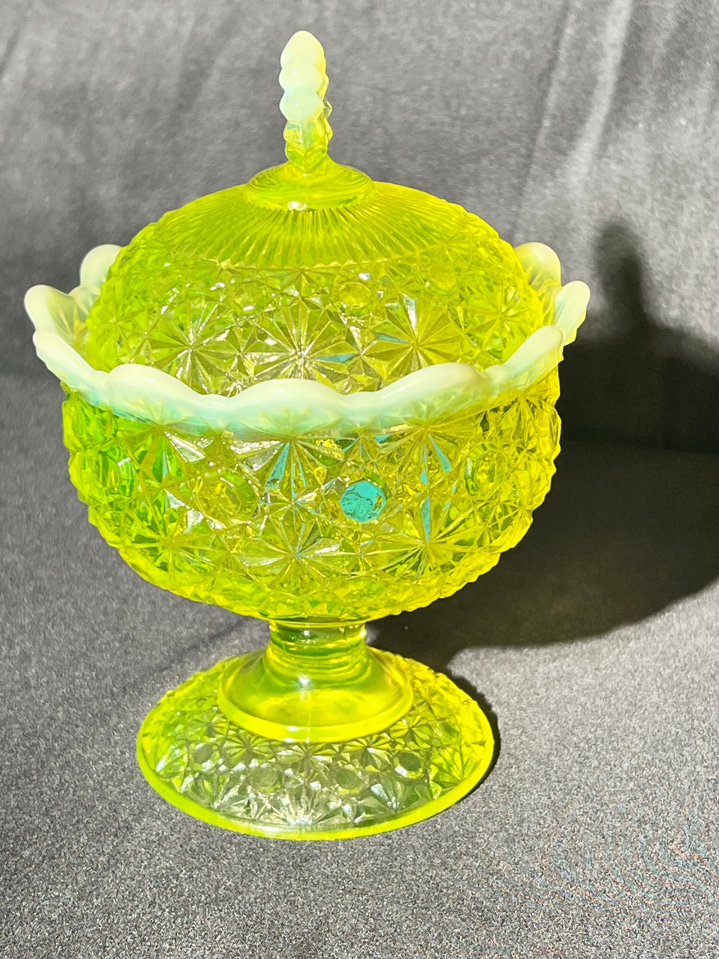 Uranium- 6 1/2” Lg Wright Compote with Lid - Daisy and Botton - Vaseline Glass- Fenton