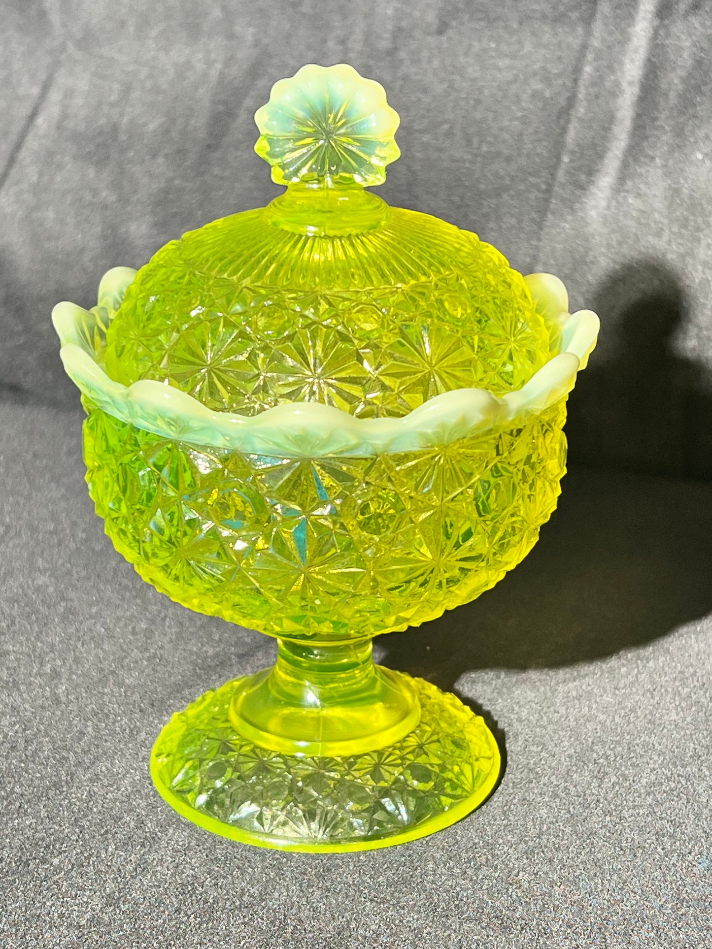 Uranium- 6 1/2” Lg Wright Compote with Lid - Daisy and Botton - Vaseline Glass- Fenton