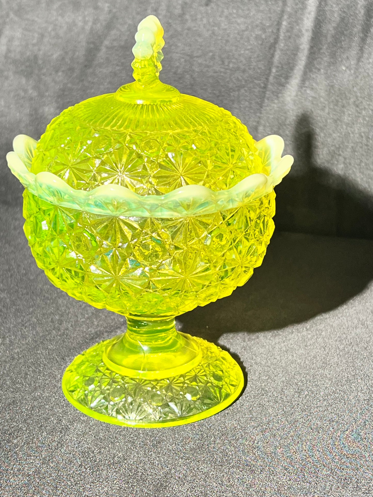 Uranium- 6 1/2” Lg Wright Compote with Lid - Daisy and Botton - Vaseline Glass- Fenton