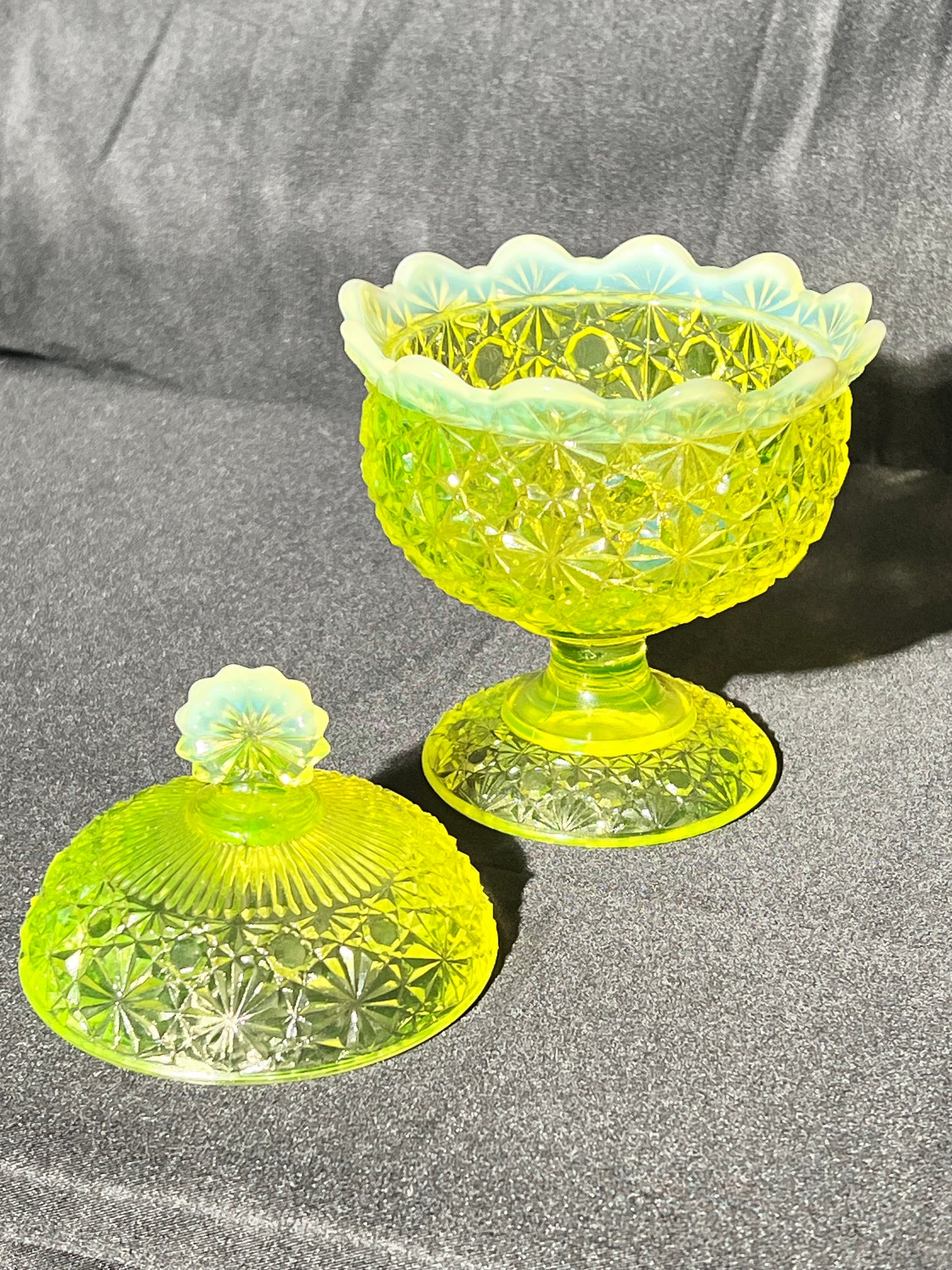 Uranium- 6 1/2” Lg Wright Compote with Lid - Daisy and Botton - Vaseline Glass- Fenton