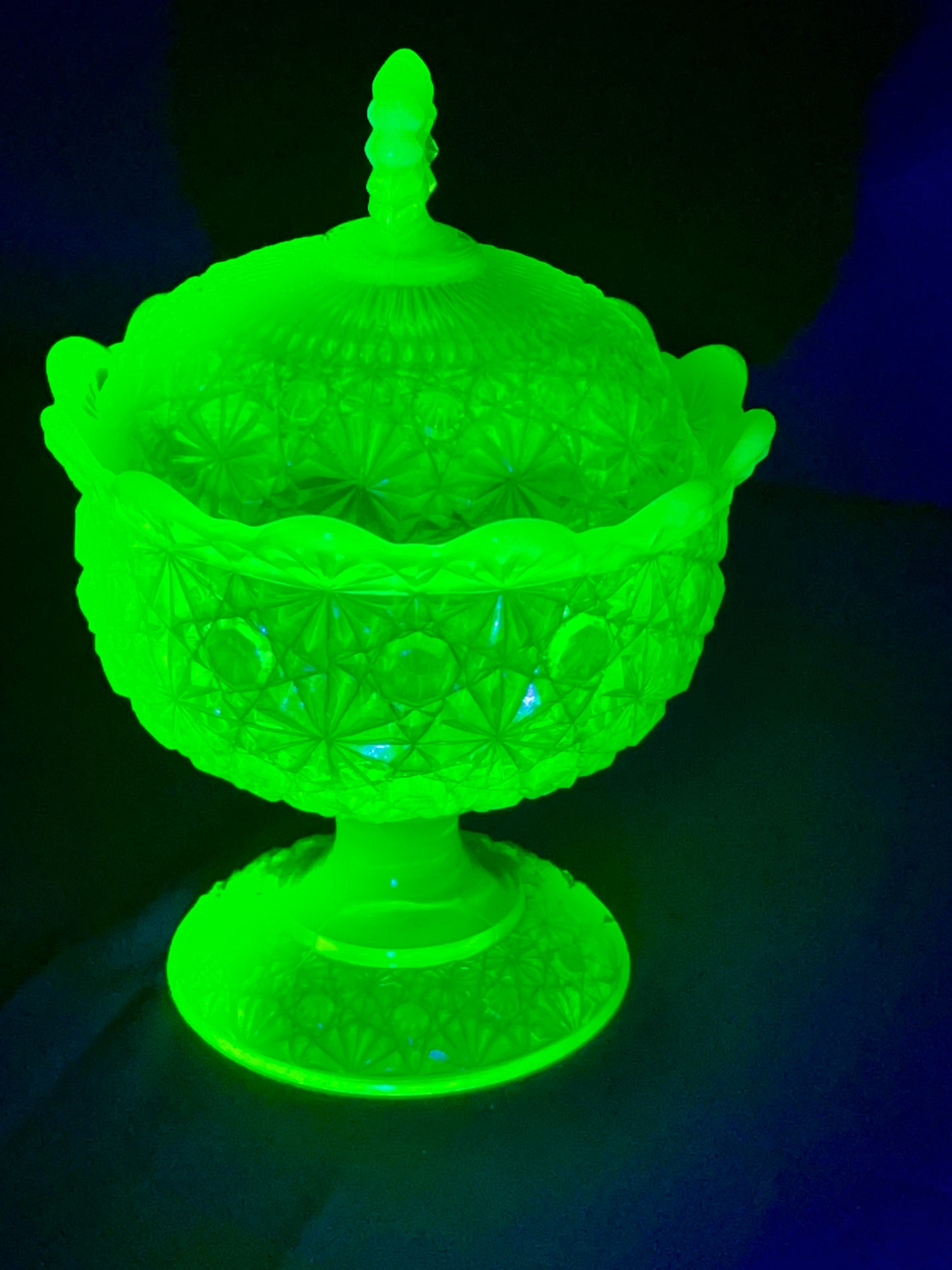 Uranium- 6 1/2” Lg Wright Compote with Lid - Daisy and Botton - Vaseline Glass- Fenton