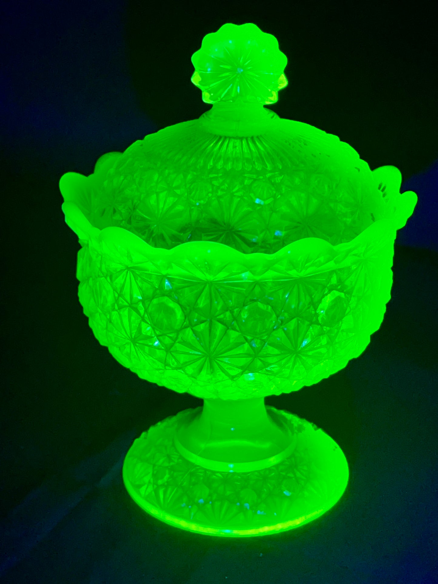 Uranium- 6 1/2” Lg Wright Compote with Lid - Daisy and Botton - Vaseline Glass- Fenton