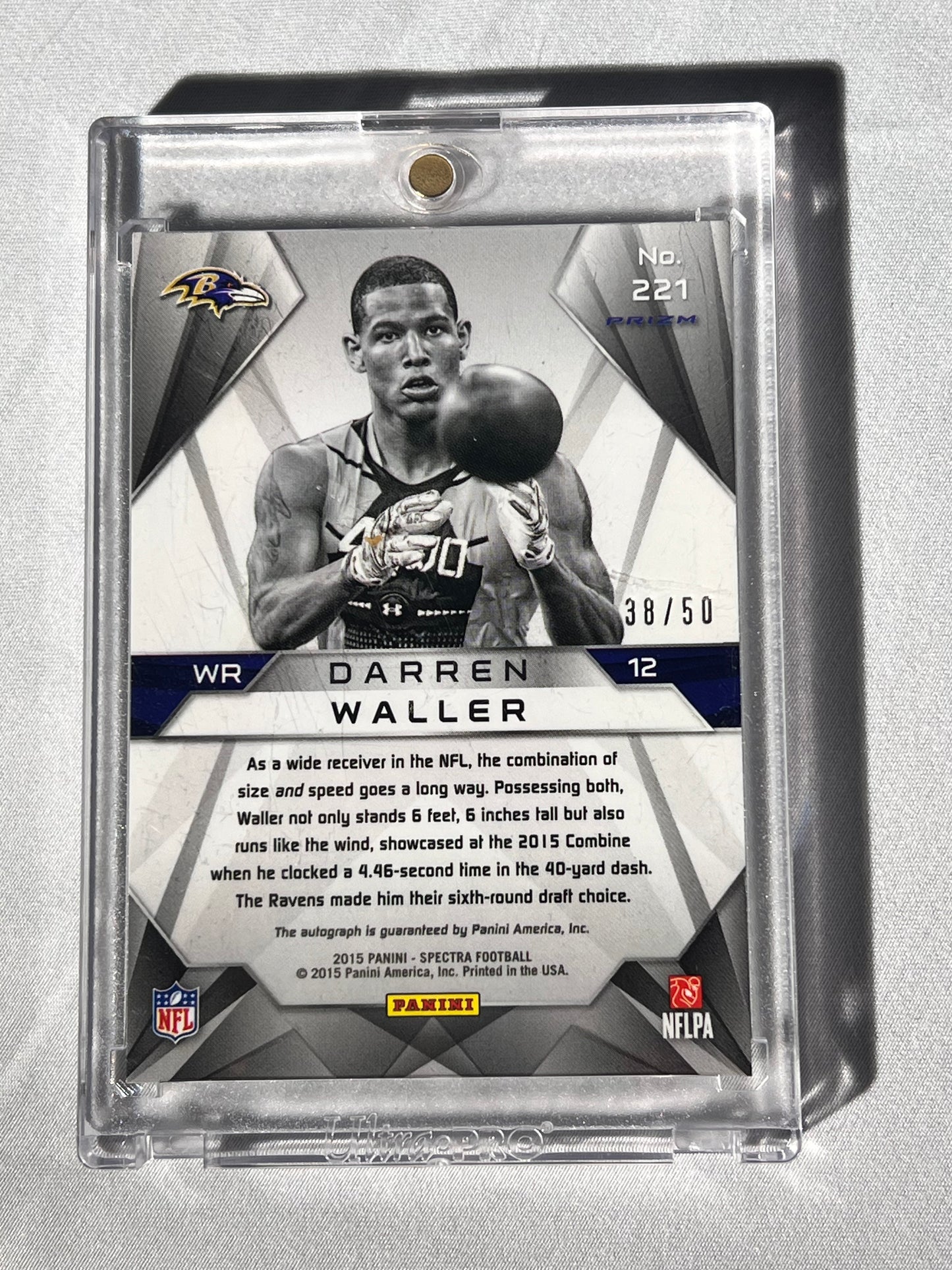 Football Card - Darren Waller - Baltimore Raven- Rookie Card - Spectra Paini - #38/50 - 2015 - Autograph - Wide Receiver- No. 221 Prizm - NFLPA