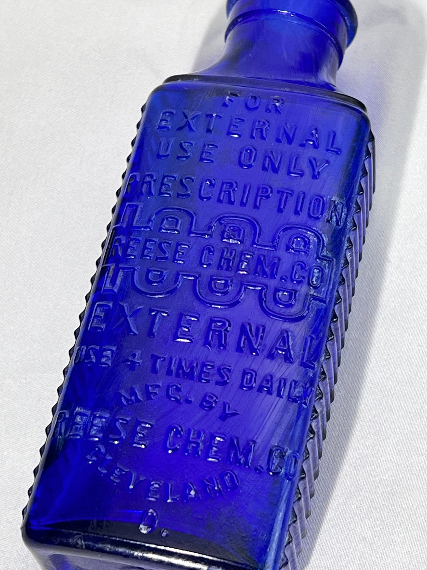 Antique Medicine Bottle- 5 1/2” cobalt blue glass bottle- Reese Chem Co. - for external use only