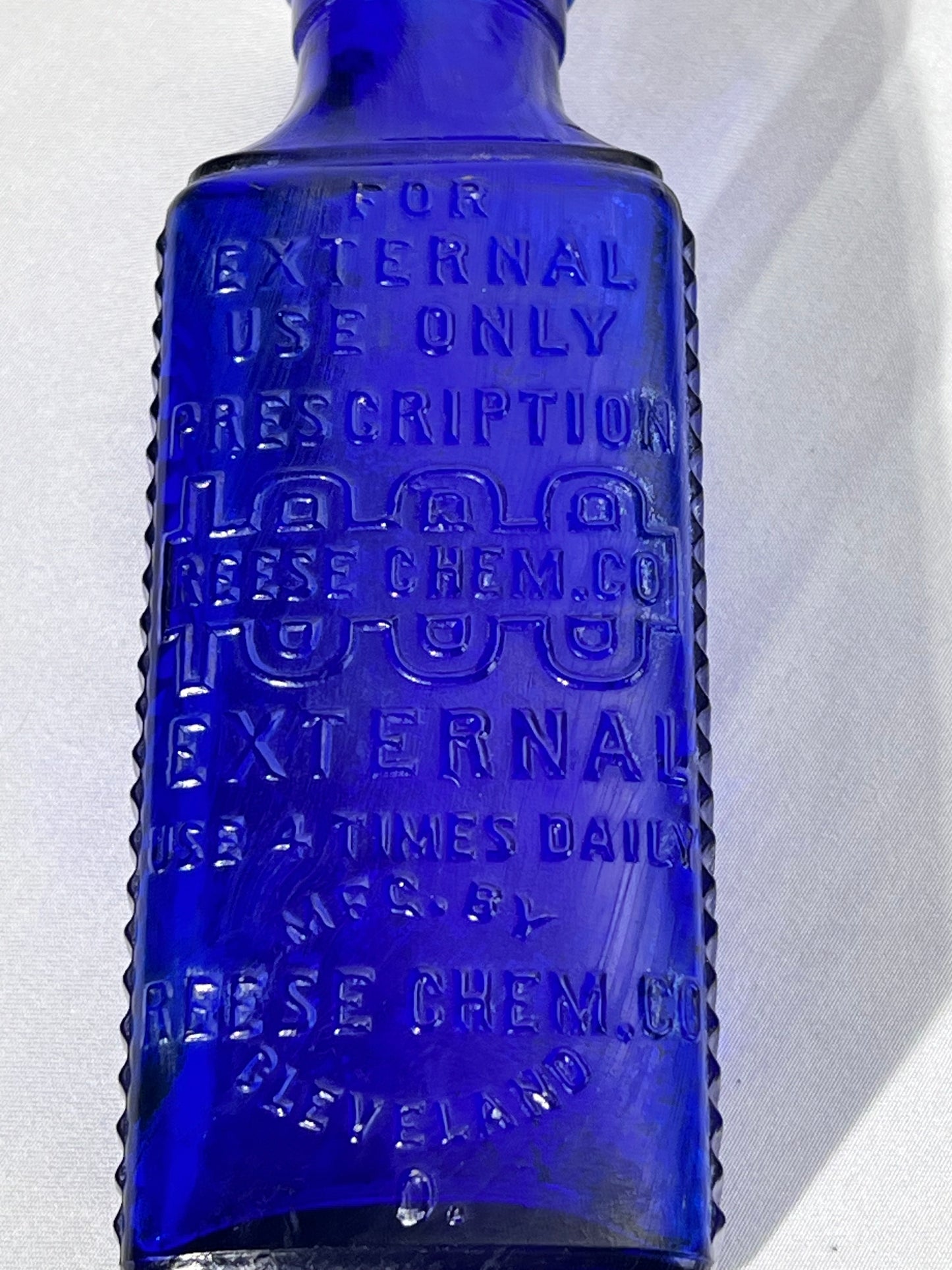 Antique Medicine Bottle- 5 1/2” cobalt blue glass bottle- Reese Chem Co. - for external use only