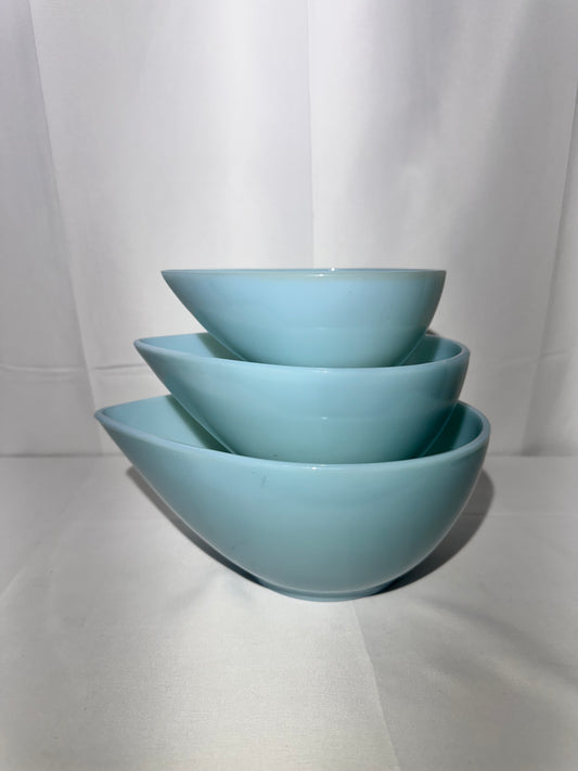 Fire King - Set of 3 Bowls - Teardrop- Light Blue - oven ware