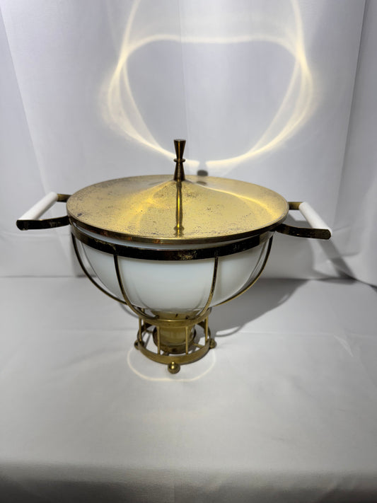 MCM - Fire King - Milk Glass Mixing Bowl with metal warming stand and lid- 1950’s/60’s