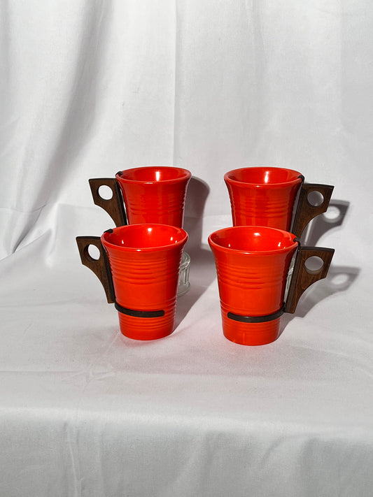 Bauer Pottery - Los Angeles- set of 4 Tumblers - removable wooden handles- Vintage- Mid Century Modern