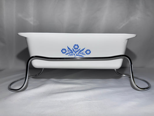 Vintage Corning Ware Blue Cornflower 2-Quart Bread / Loaf Pan P-315 with Metal Trivet Stand