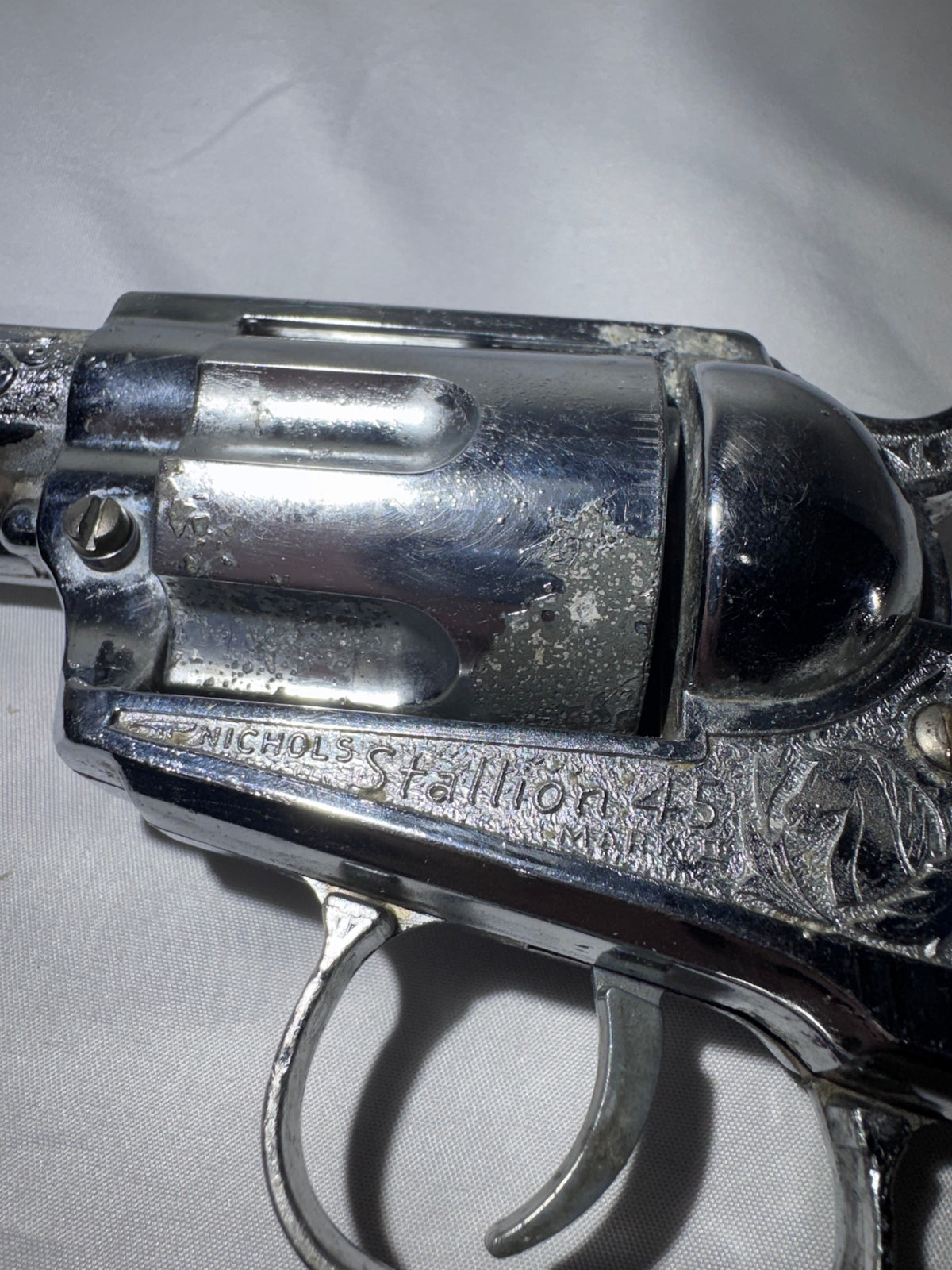 Vintage Nichols Stallion 45 Toy Cap Gun Revolver Chrome Engraved Pearl Grips 13”