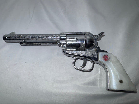 Vintage Nichols Stallion 45 Toy Cap Gun Revolver Chrome Engraved Pearl Grips 13”