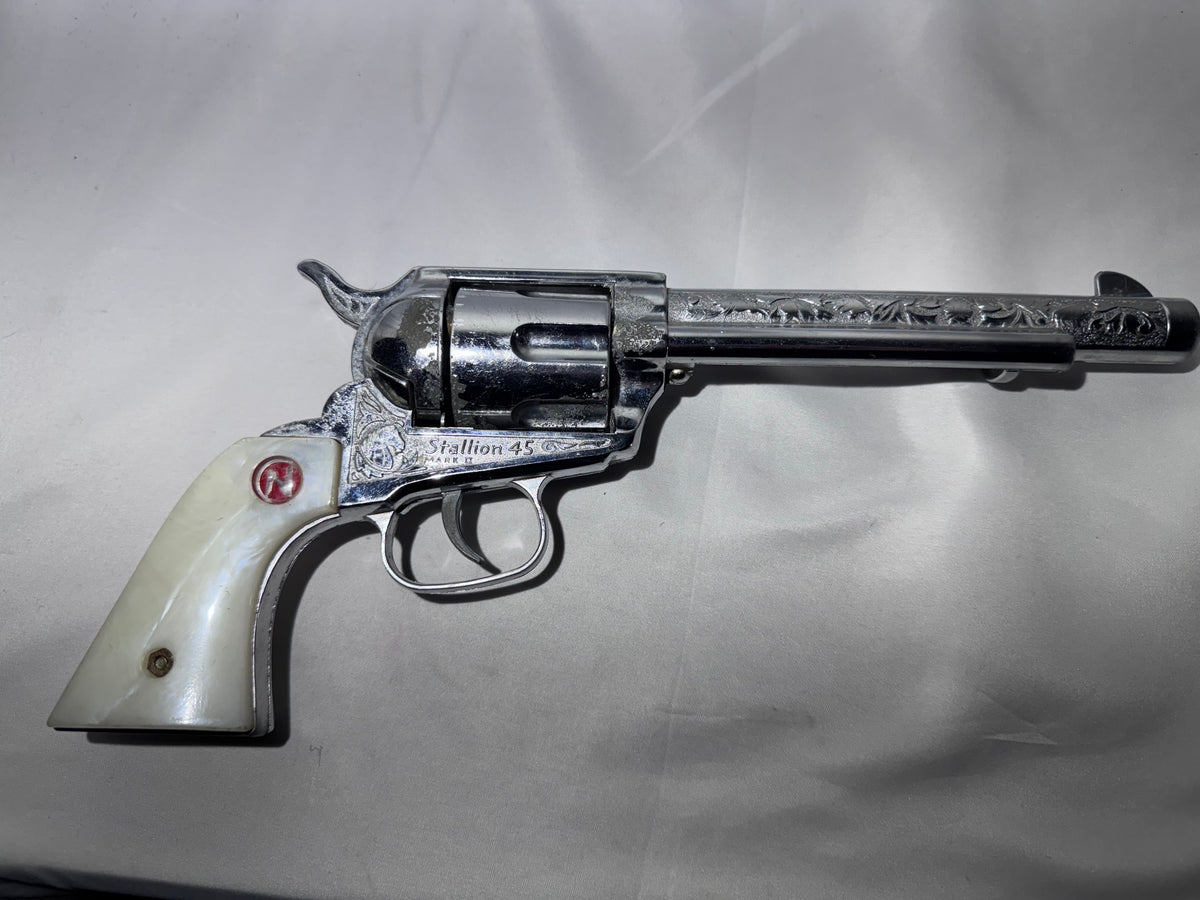 Vintage Nichols Stallion 45 Toy Cap Gun Revolver Chrome Engraved Pearl Grips 13”