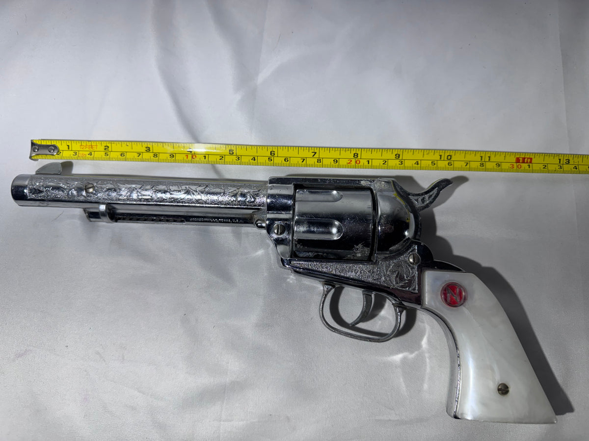 Vintage Nichols Stallion 45 Toy Cap Gun Revolver Chrome Engraved Pearl Grips 13”
