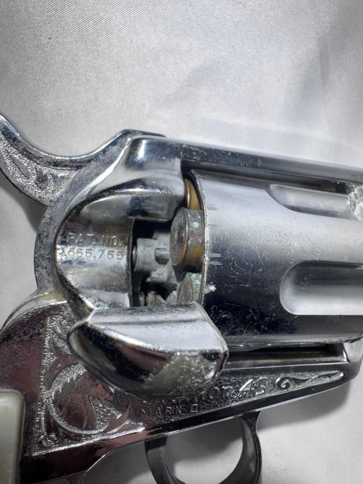 Vintage Nichols Stallion 45 Toy Cap Gun Revolver Chrome Engraved Pearl Grips 13”