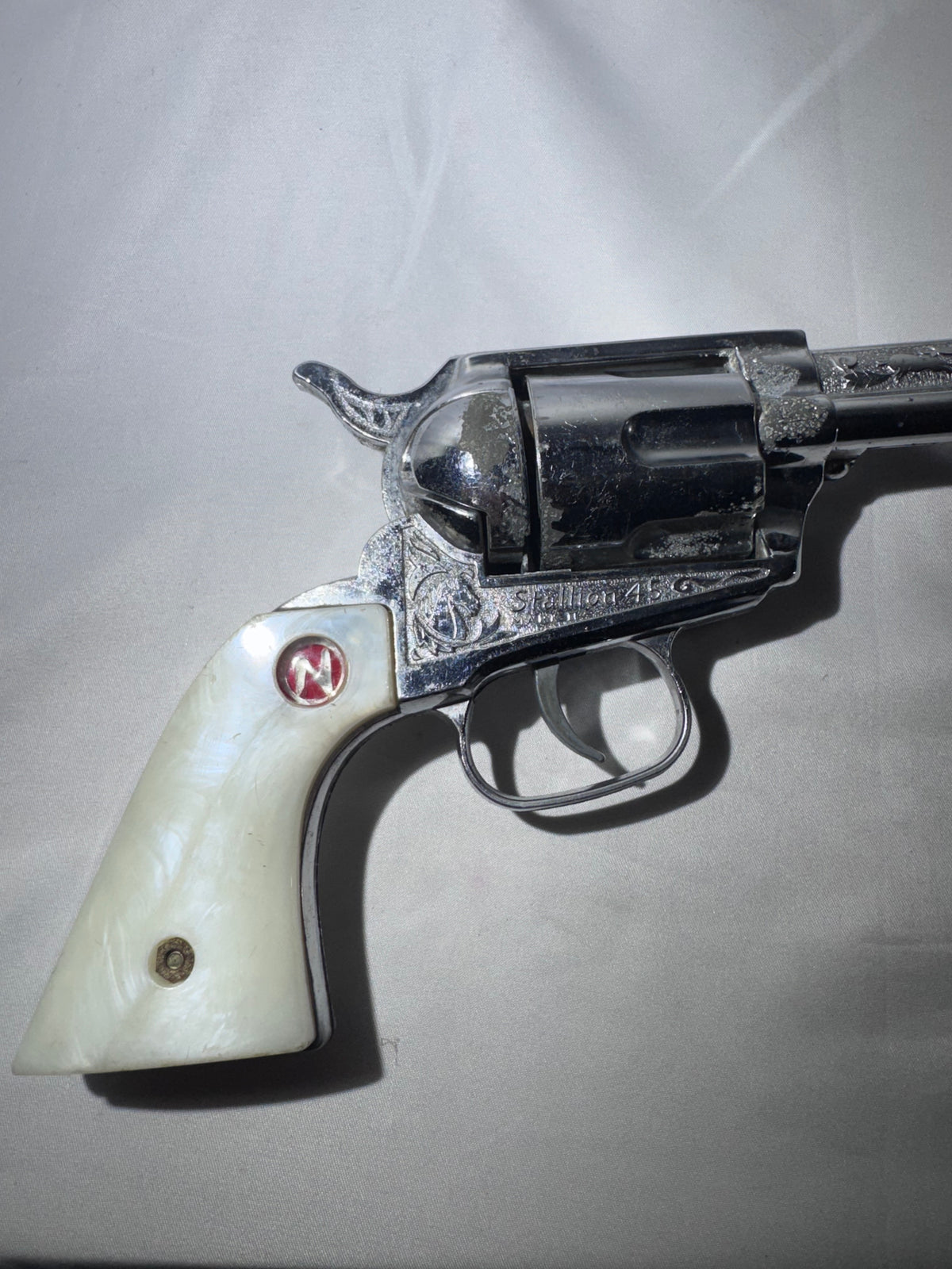 Vintage Nichols Stallion 45 Toy Cap Gun Revolver Chrome Engraved Pearl Grips 13”